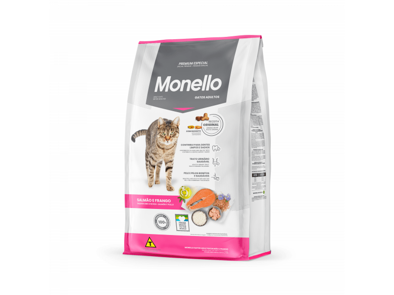 Monello Special Premium Adult Cat food in a 7kg bag, featuring a Salmon & Chicken recipe for active cats. Supports cognitive health, skin and coat beauty, dental care, and urinary tract health