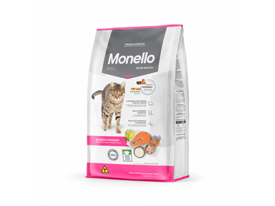 Monello Special Premium Adult Cat food in a 7kg bag, featuring a Salmon & Chicken recipe for active cats. Supports cognitive health, skin and coat beauty, dental care, and urinary tract health