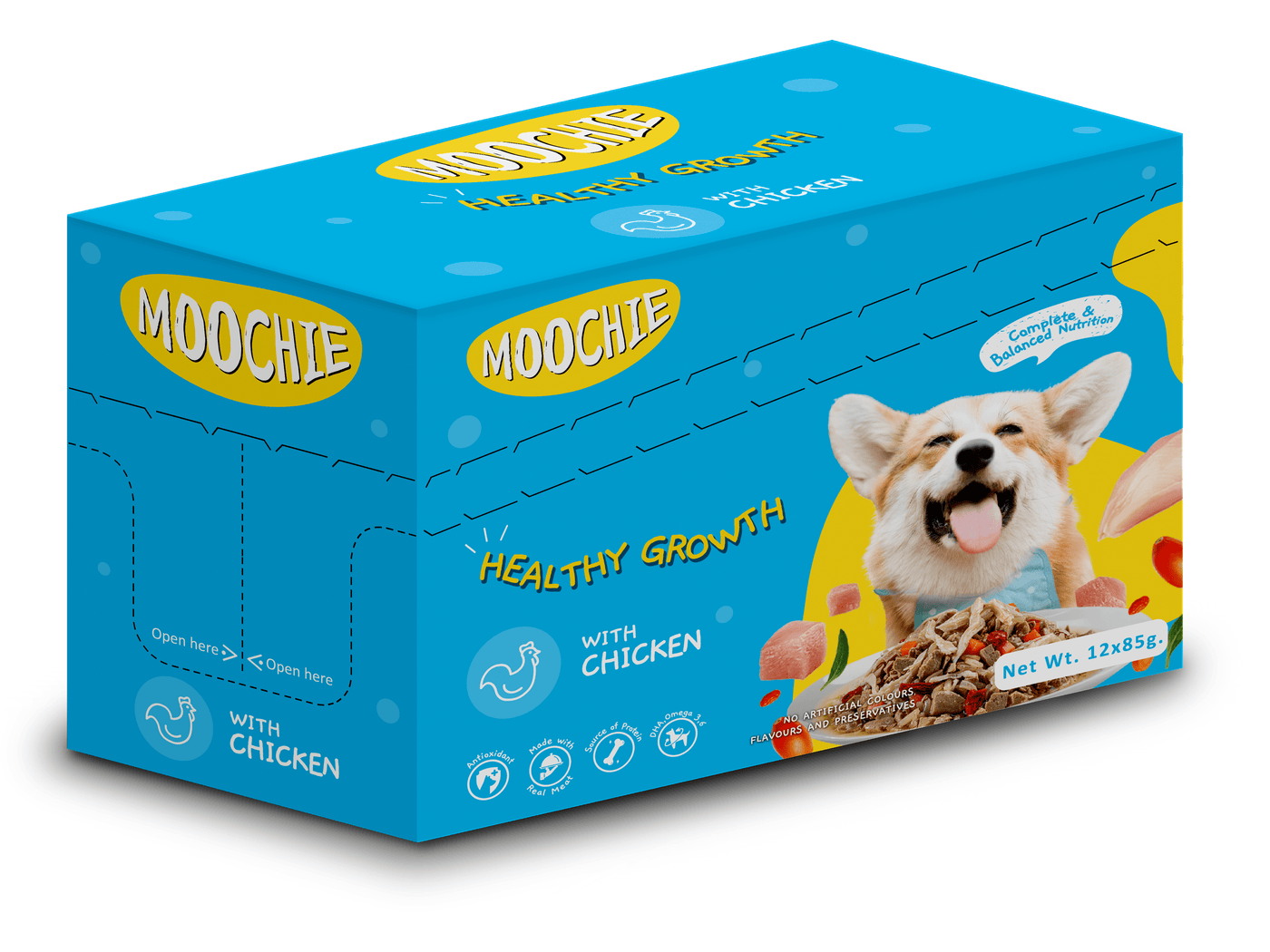 Moochie Casserole with Chicken, Healthy Growth, 12x85g pouches stacked together, showcasing the packaging design