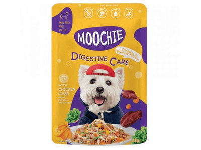 Moochie Casserole with Chicken Liver in an 85g pouch, designed for digestive care, featuring a colorful packaging with images of the dish and nutritional information.