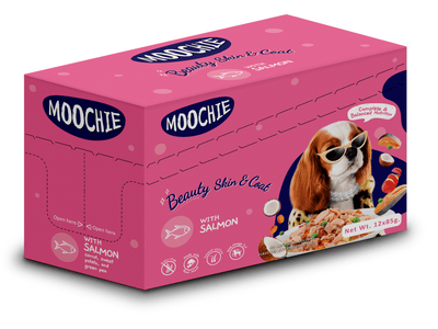 Moochie Casserole with Salmon in Beauty Skin, packaged in 12 pouches of 85g each