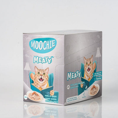 Moochie Meaty Tuna and Green Lipped Mussel Recipe in Gravy, packaged in a 12x70g pouch display