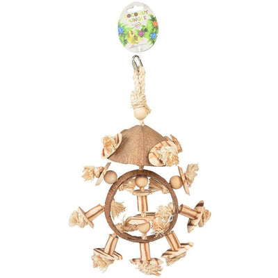 Natural Toy with Rope and Cubes Attached to a Ring for Birds