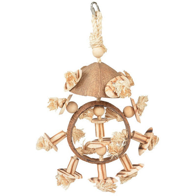 Natural Toy with Rope and Cubes Attached to a Ring for Birds