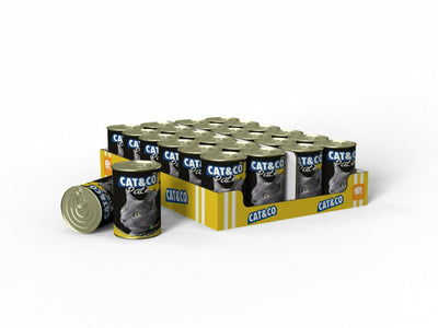 Nutritious CAT&CO Chunks Chicken and Turkey wet cat food contains 4.10% chicken and turkey. Enriched with Vitamin E and essential minerals, it's ready to serve without heating. A convenient 24-pack to keep your cat happy and healthy