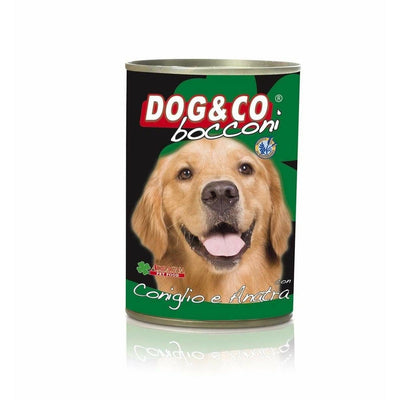 Nutritious wet dog food with chunks of rabbit and duck. Contains 4% rabbit and 4% duck, providing 7% protein and 6% fat, plus added Vitamin E for your dog's health