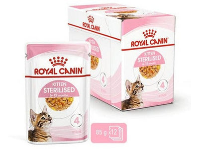 ROYAL CANIN Sterilised Kitten in Jelly is a premium wet food tailored for sterilised kittens, promoting healthy weight, urinary health, and digestion
