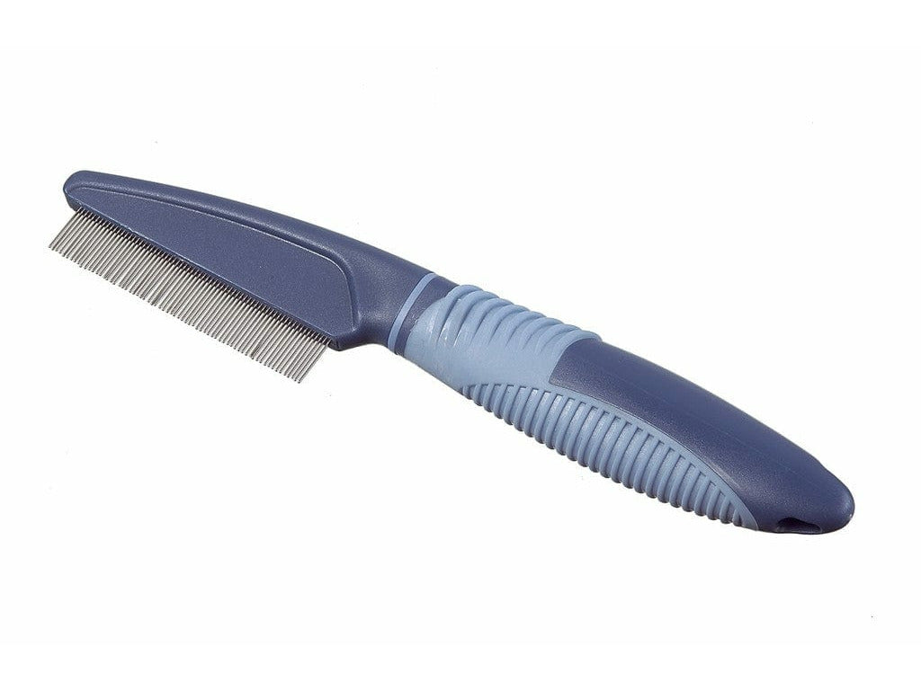 Rotating comb for dogs with 68 steel teeth for easy detangling and dirt removal. Features an ergonomic rubber and plastic handle for comfort and control, making grooming gentle and effective