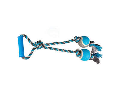 Tug Toy Knotted Cotton Loop &amp; 2 Tennis Balls 43cm Grey/Blue