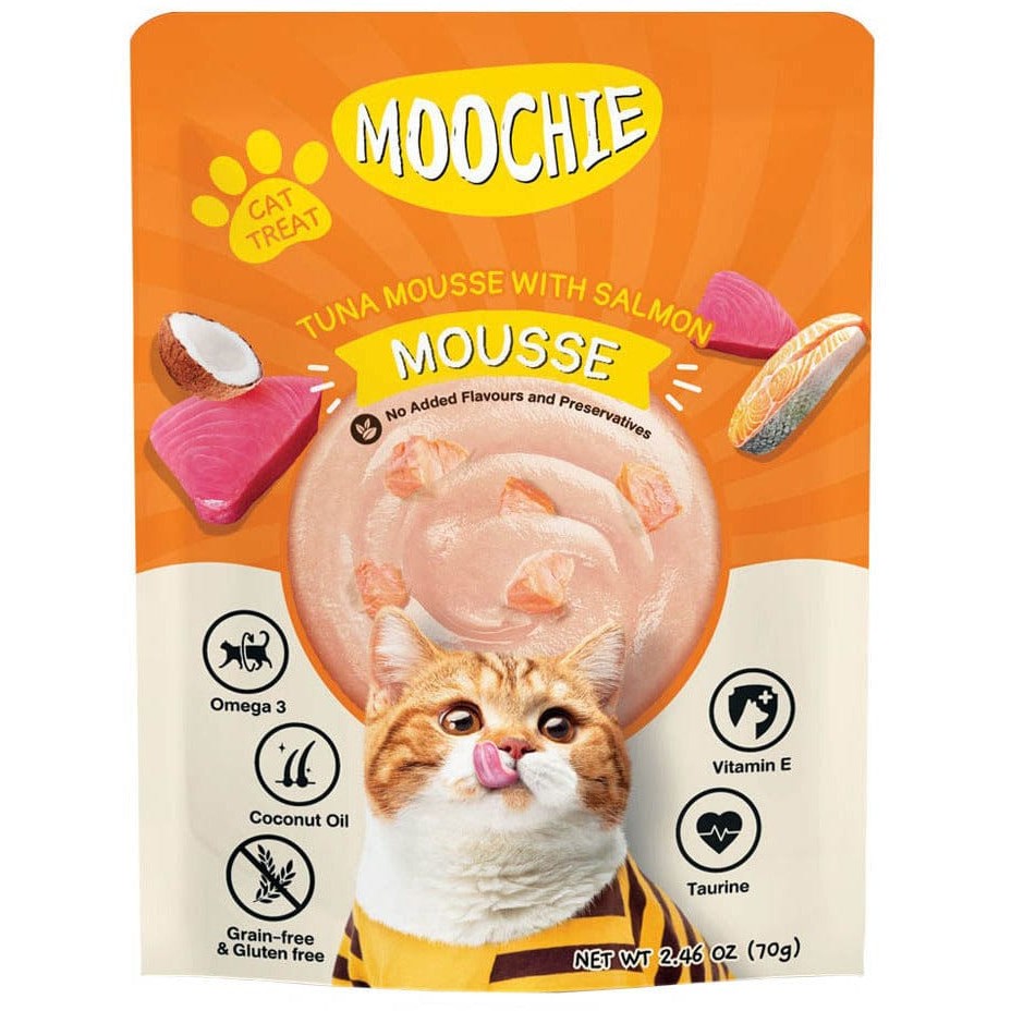 Tuna Mousse with Salmon - a grain-free, omega-3 rich pet meal made with chicken, tuna, and salmon, promoting a shiny coat and a healthy immune system, ideal for pets with grain allergies