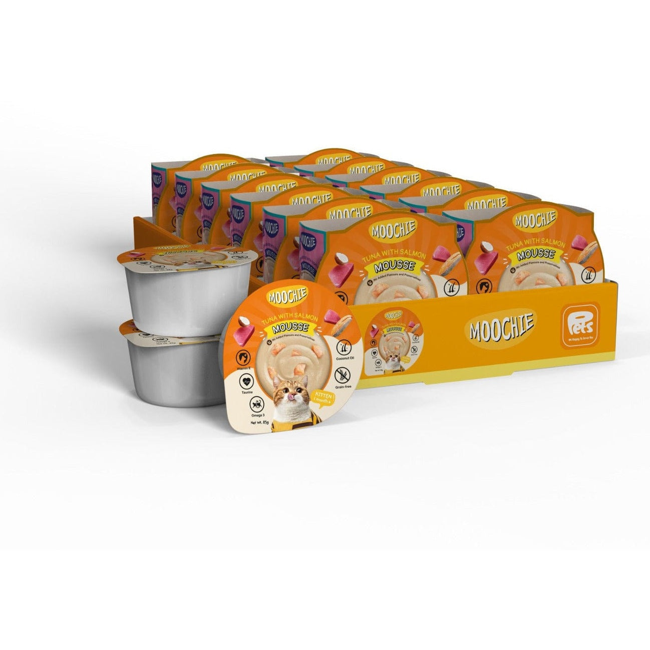  A dish of Tuna Mousse with Salmon, showcasing a creamy texture, garnished with a slice of salmon. This grain-free treat is made with premium ingredients like chicken and tuna, providing essential omega-3 fatty acids for a shiny coat and healthy immune system. Each 85g serving contains 80 calories and is enhanced with coconut oil and taurine for digestive and heart health, free from artificial colors or preservatives.