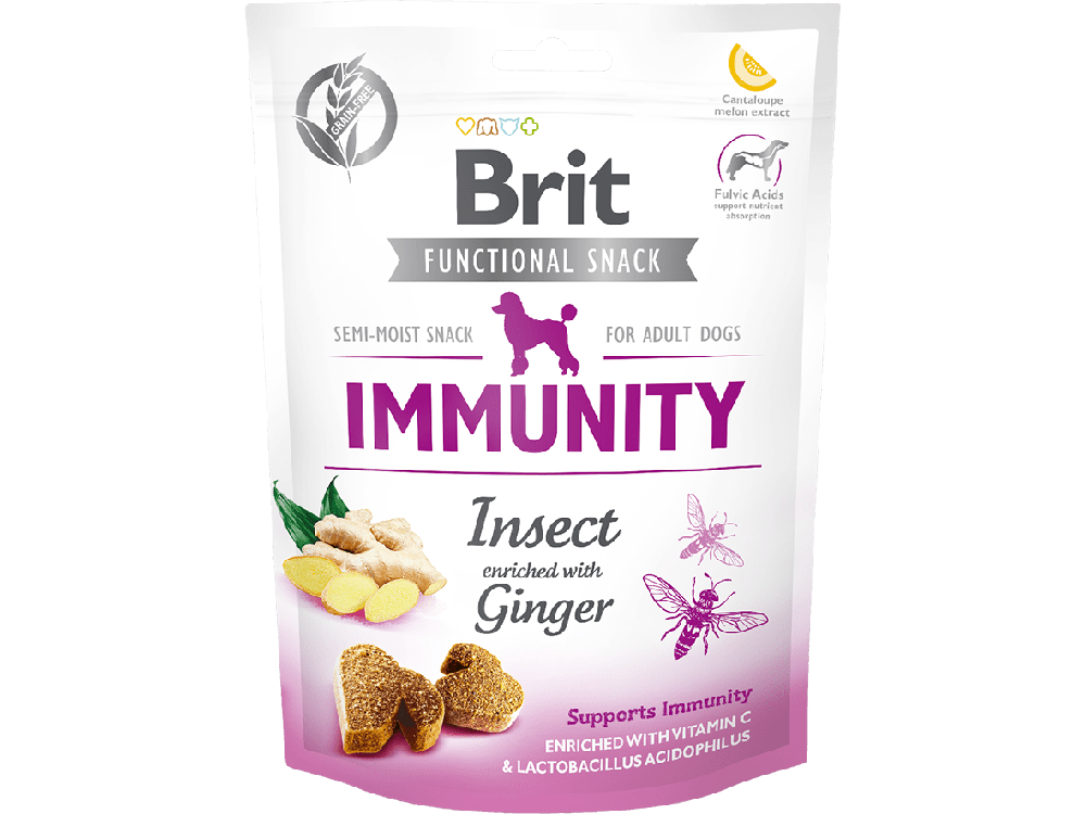 Semi-moist dog snack made with insect protein and ginger. Each 150g package contains vitamin C, lactobacillus acidophilus, and is grain- and potato-free. It includes fulvic acids for nutrient absorption, cantaloupe melon extract for antioxidants, and collagen peptides for musculoskeletal health, promoting a healthy metabolism and strong immune system