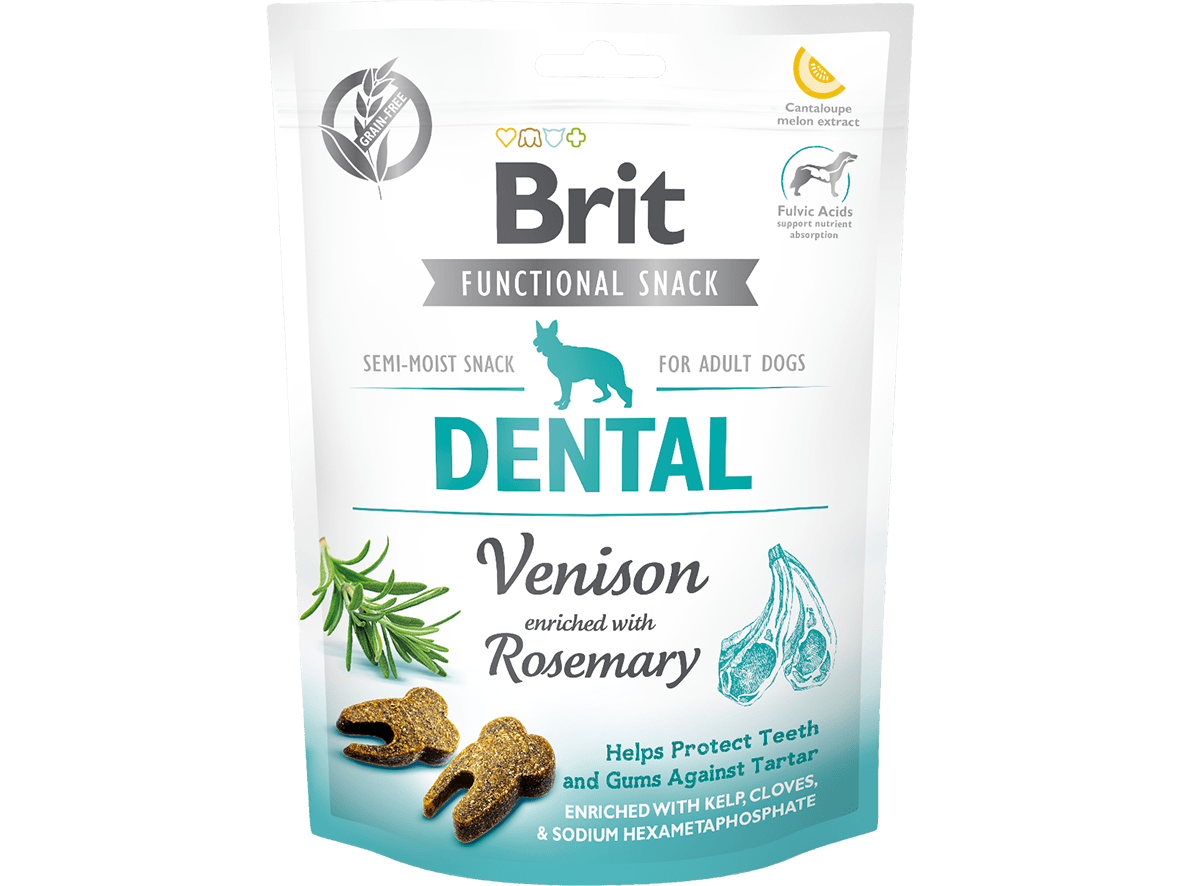 150g dog snacks made with venison and rosemary. These grain-free treats help protect your dog's teeth and gums from tartar while supporting their health with antioxidants and collagen peptides. A tasty way to keep your furry friend happy and promote dental hygiene