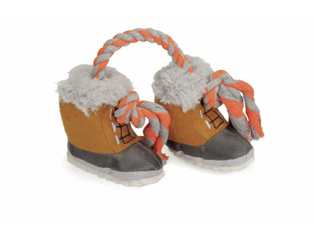 dog toy shaped like two cute plush boots with squeakers