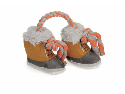 dog toy shaped like two cute plush boots with squeakers