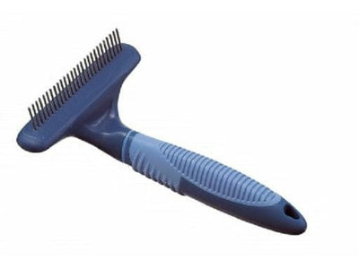 grooming rake with 27 stainless steel teeth for easy brushing through thick fur. Reduces pulling and shedding, suitable for all dog breeds, and designed for comfort. Durable and easy to clean.
