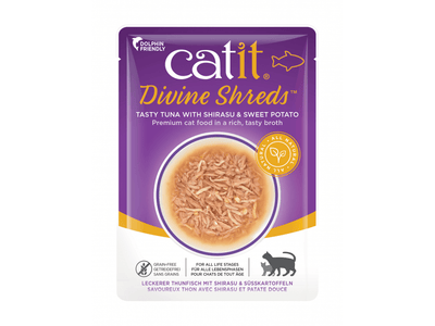 Catit Divine Shreds, Tuna with Shirasu & Sweet Potato 75g, 18pcs/box